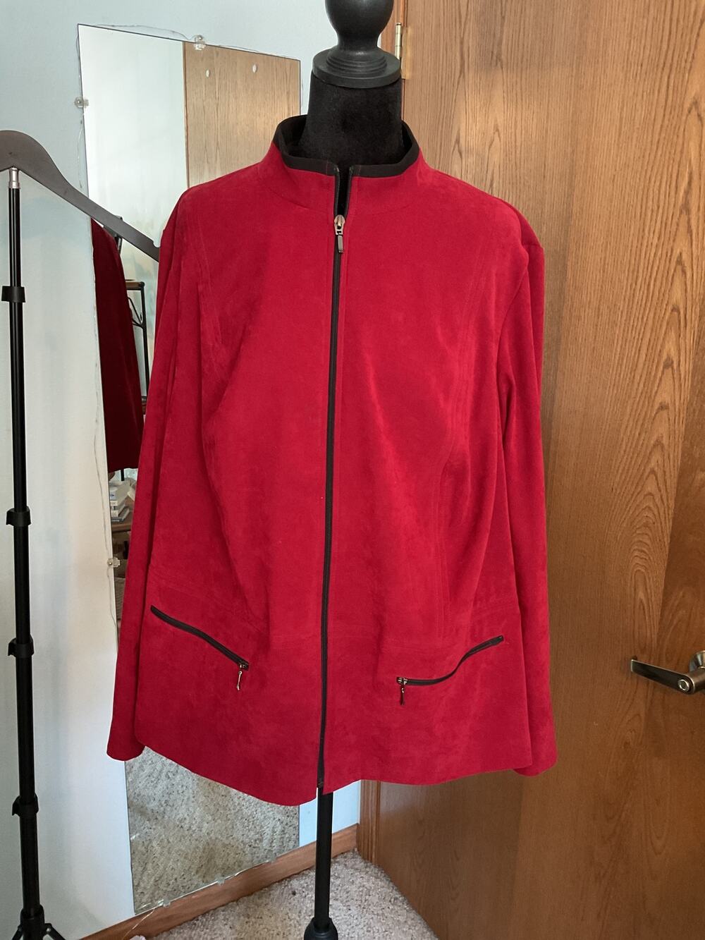 JM Collection Red Faux Suede Full Zip Jacket Black Zippers Pockets Women 16W